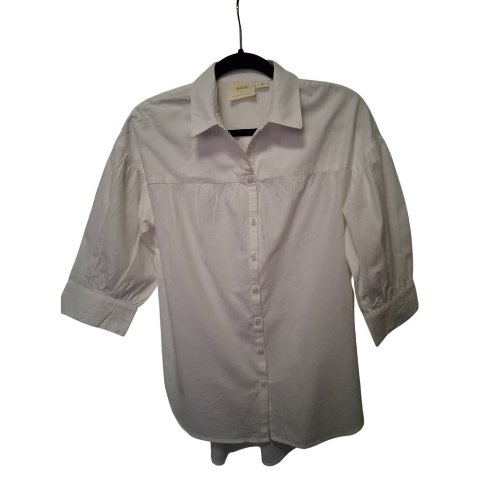 Maeve Women White Puff Sleeves Button Down Shirt Size SP
